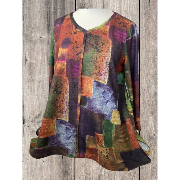 Ali Miles Petite quarter sleeve vneck graphic multicolor color block top NEW PM - Picture 7 of 8